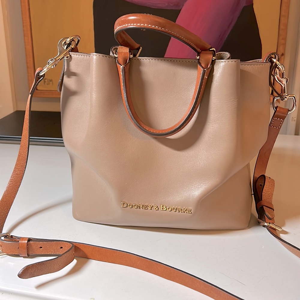Dooney & Bourke Taupe Leather Crossbody Bag with Cognac Handles, Brass Hardware